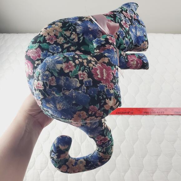 Vintage Cloth Floral Print Cat Stuffed Shelf Sitting Plush Kitty Blue & Bow - Picture 11 of 11